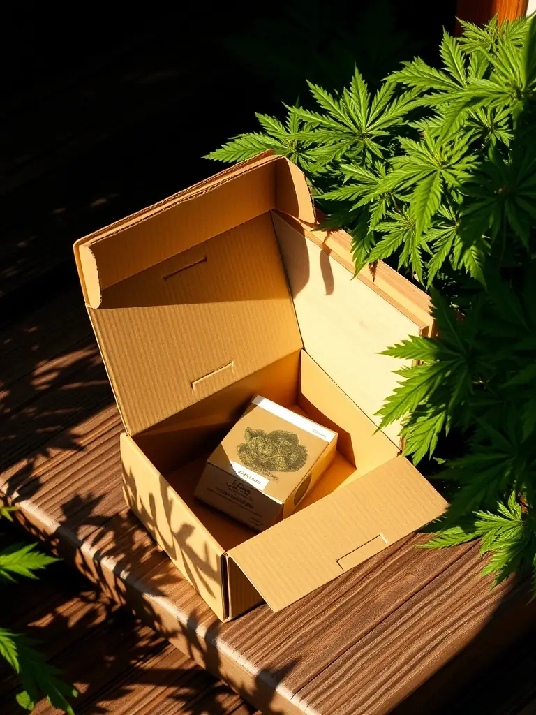 A close-up shot of a neatly packaged cannabis product arriving in a discreet, unmarked box on a doorstep, emphasizing the convenience of home delivery.