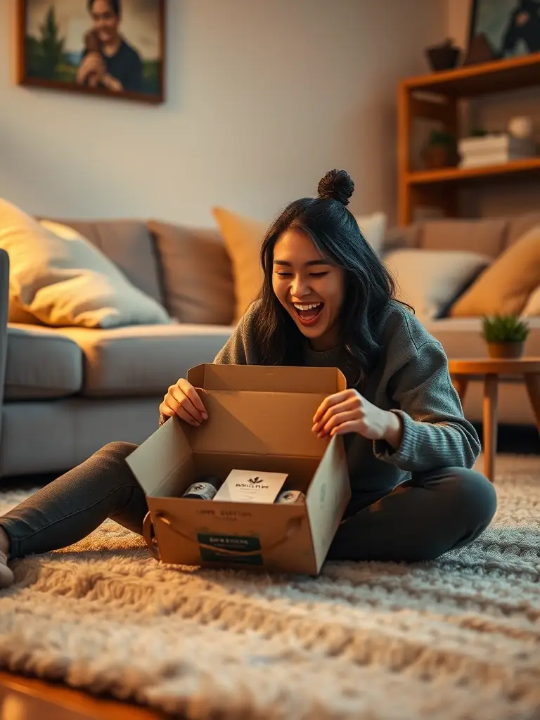 A person happily unboxing a new, limited-edition cannabis strain, showcasing the benefit of early access for subscribers.